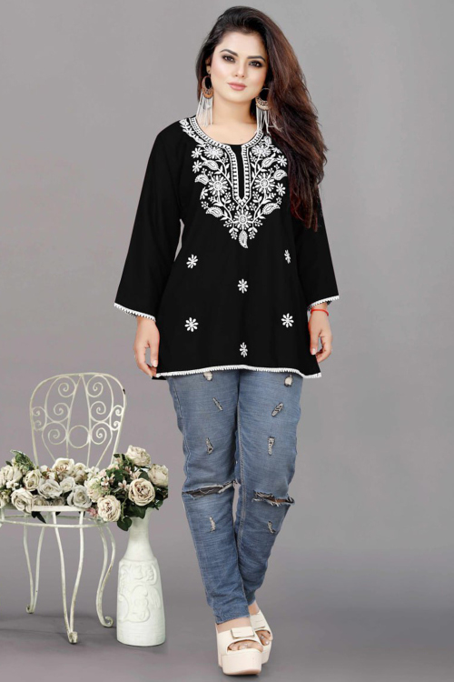 Black Rayon Resham Embroidered Kurti For Festival 