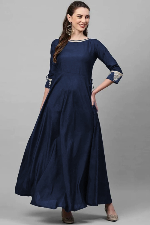 Casual Wear Zari Embroidered Kurti in Rayon Navy Blue