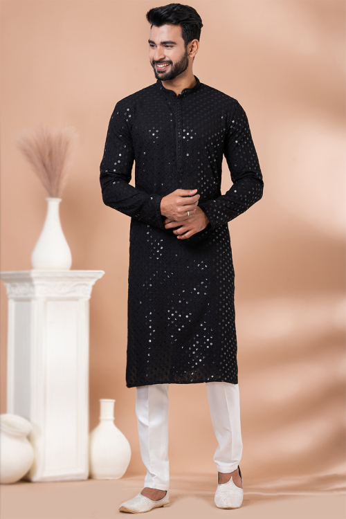 Black Sequins Embroidered Rayon Men's Kurta Pajama For Sangeet 