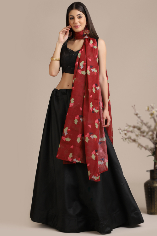 Black Silk A-Line Lehenga With Printed Dupatta