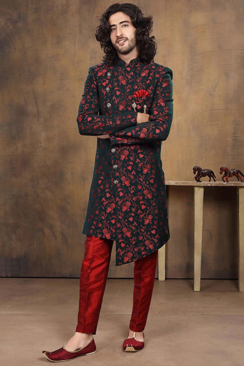 Black Silk Asymmetric Printed Men Sherwani
