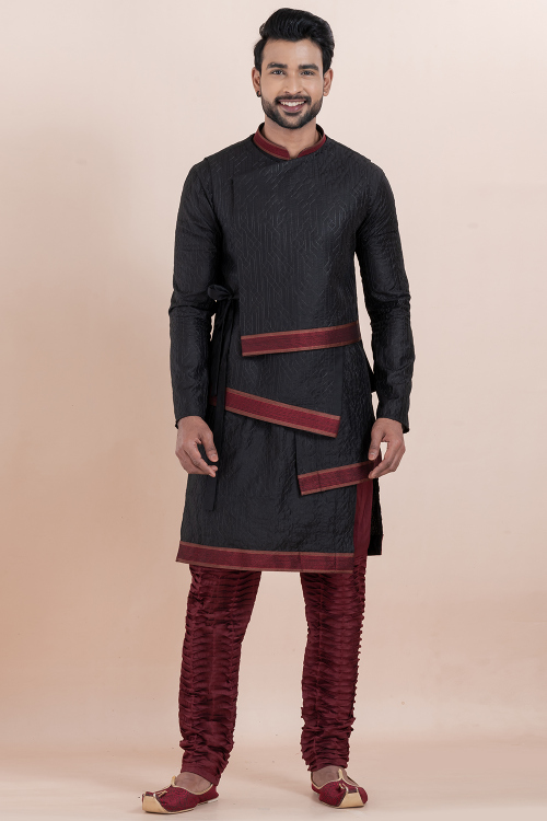 Black Silk Embroidered Men&#039;s Kurta With Pajama