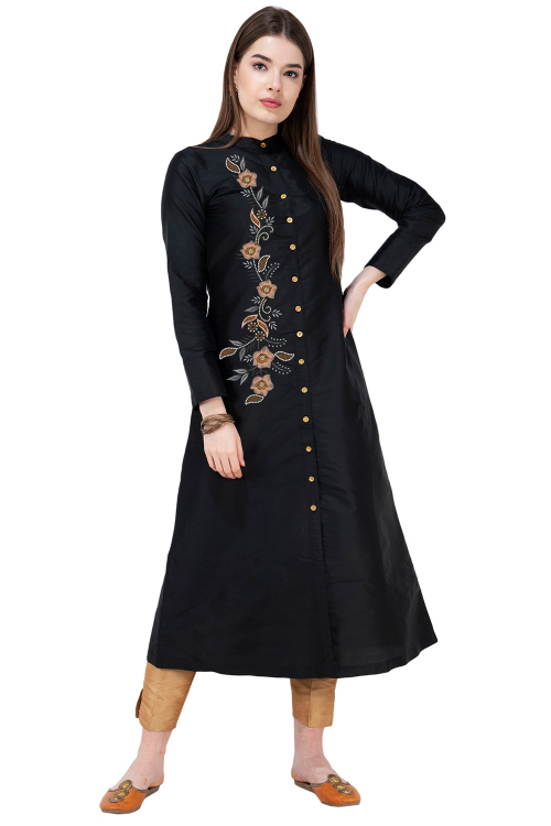 Black Silk Embroidered A Line Kurti