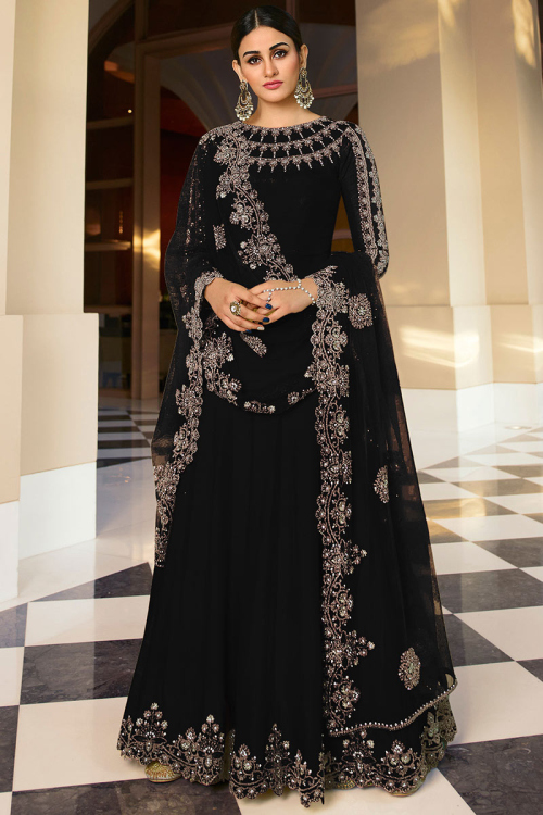 Black Georgette Stone Work Anarkali with Dupatta for Party Wear
