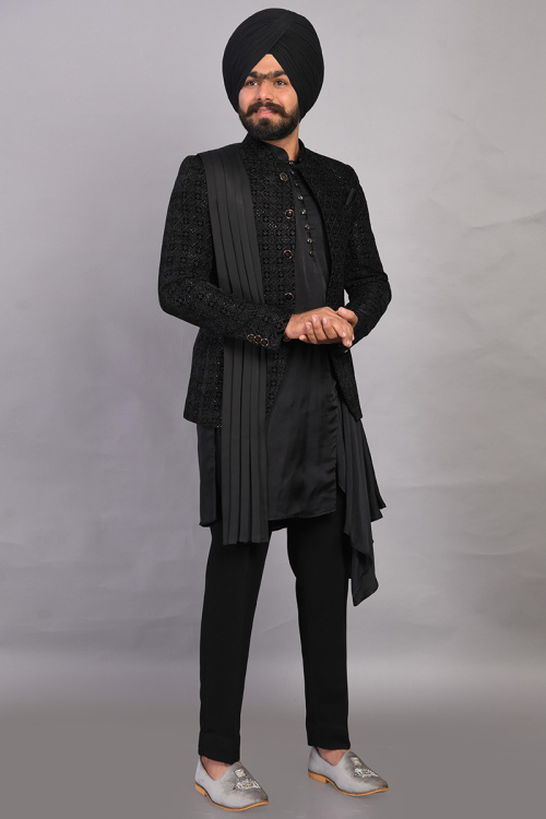 Black Silk Embroidered Jacket Style Men Kurta Pant