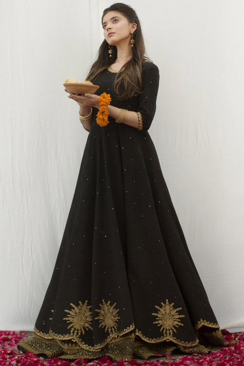 Black Silk Embroidered Long Lehenga Choli