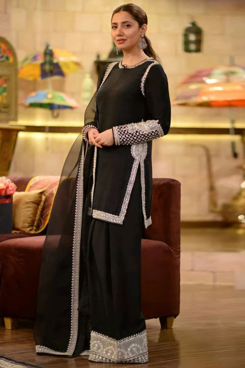 Silk Black Party Wear Pakistani Sharara Style Suit with Zari embroidery