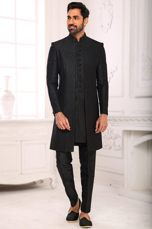 Silk Black Thread Embroidered Wedding Wear Men Sherwani