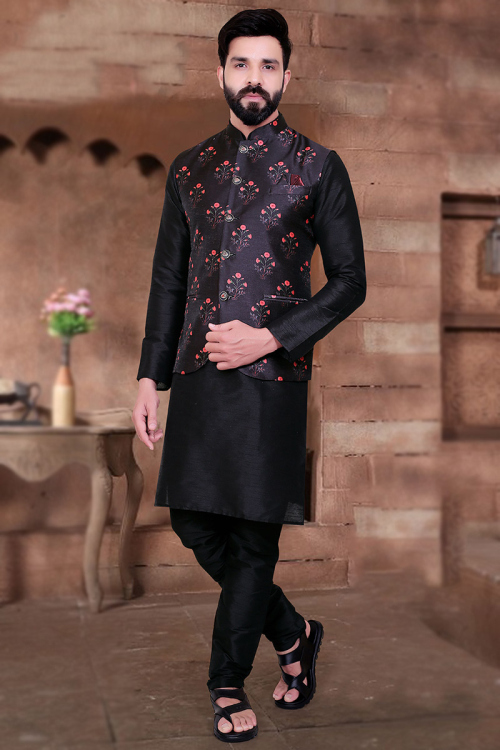 Pure Black Silk Kurta Pajama Set with Jacket