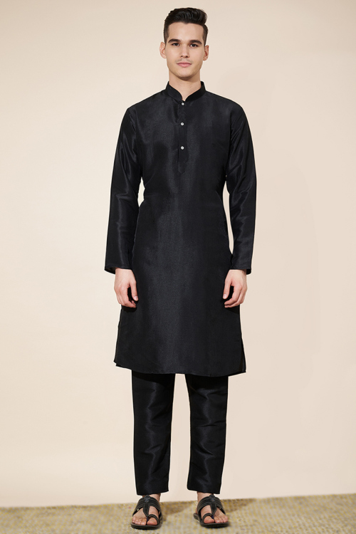 Black Silk Plain Straight Cut Men's Kurta Pajama
