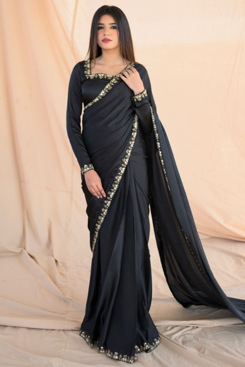 Black Silk Saree with Sequins Work For Eid