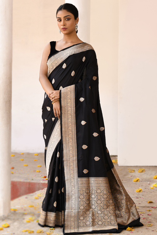 Black Soft Silk Weaved Broad Border Saree 