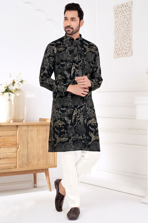 Black Straight Cut Cotton Zari Men&#039;s Kurta Pajama