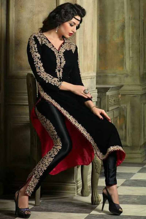 Embroidered Black Velvet Cigarette Pant Suit 