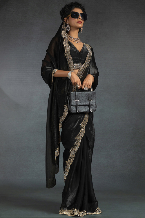 Black Tissue Silk Saree With Stone Work For Diwali Party