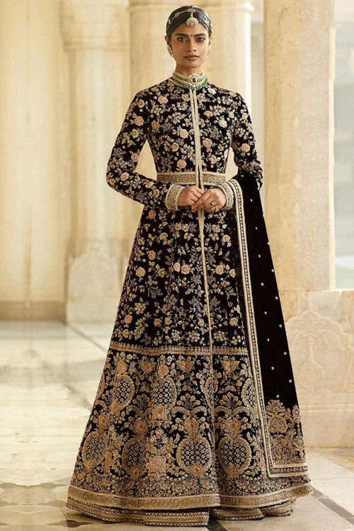 Black Velvet Embroidered Anarkali Suit with Skirt for Wedding & Party