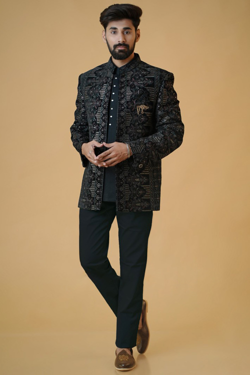 Black Velvet Embroidered Jodhpuri Style Men's Coat Pant