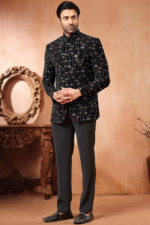 Black Velvet Embroidered Jodhpuri Style Men's Suit