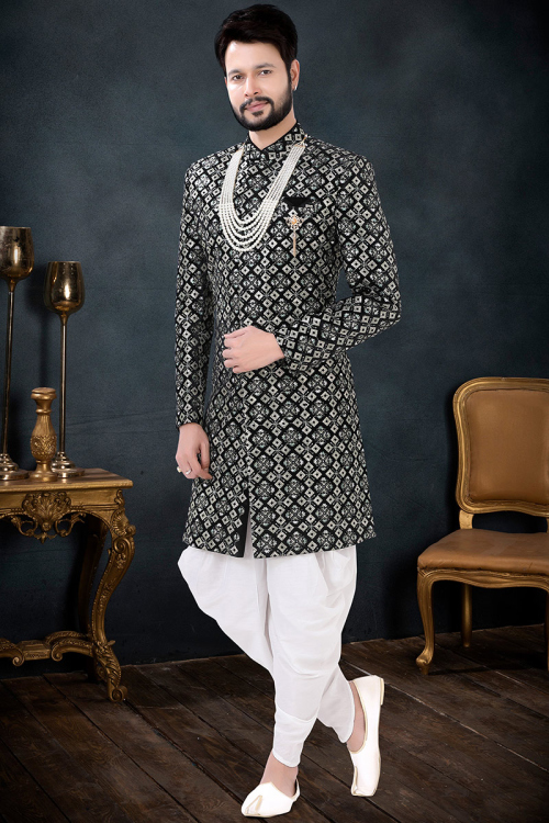 Black Velvet Embroidered Men Sherwani With Dhoti