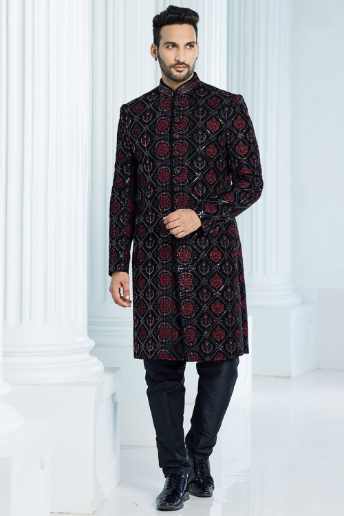 Black Velvet Embroidered Men's Sherwani For Pakistani Wedding 