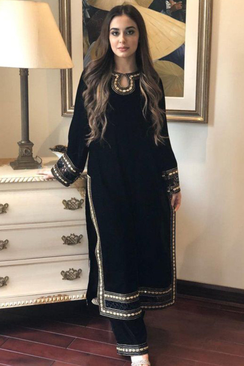 Velvet Black Mirror Embroidered Party Wear Pakistani Trouser Salwar Suit