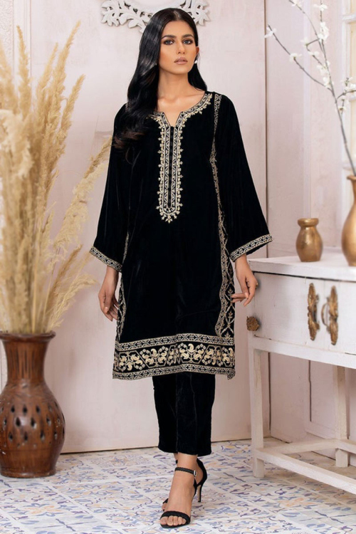 Velvet Black Party Wear Trouser Suit with Zari embroidery