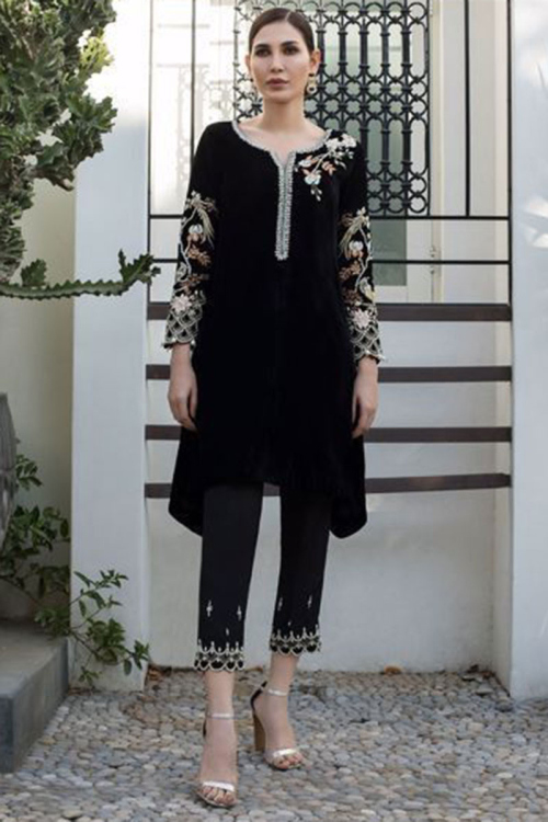 Black Velvet Embroidered Paksiatni Party Wear Trouser Suit