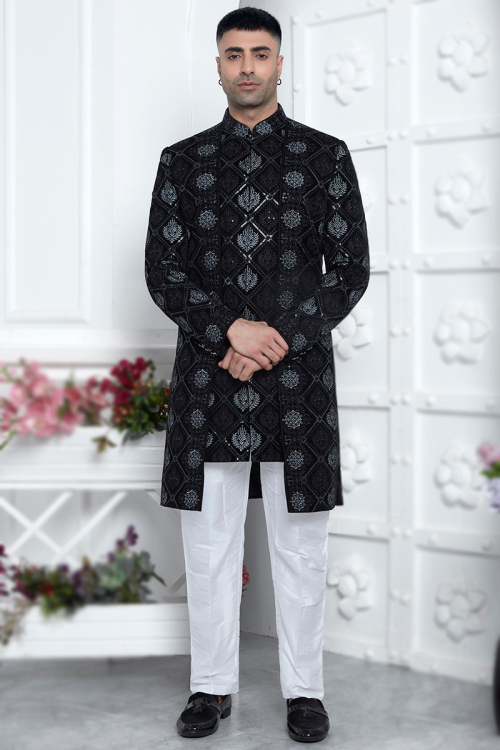 Black Velvet Sequins Embroidered Jacket Style Men's Sherwani