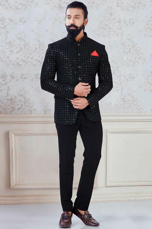 Black Velvet Sequins Embroidered Jodhpuri Style Men's Coat Pant