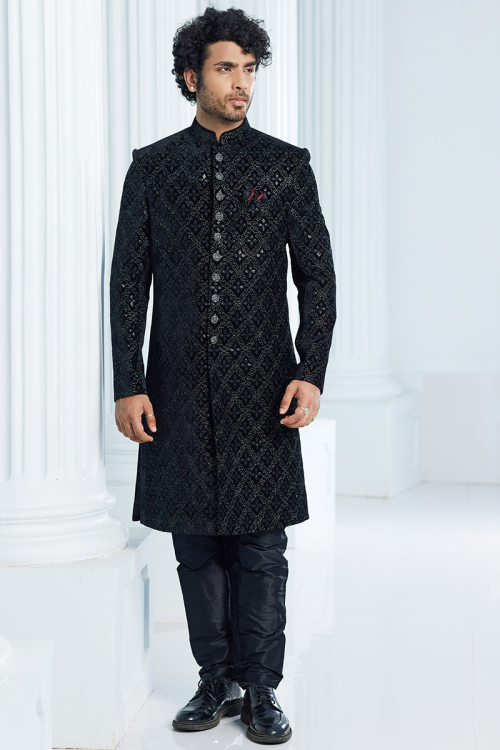 Black Dupion Silk Sequins Embroidered Men's Sherwani 