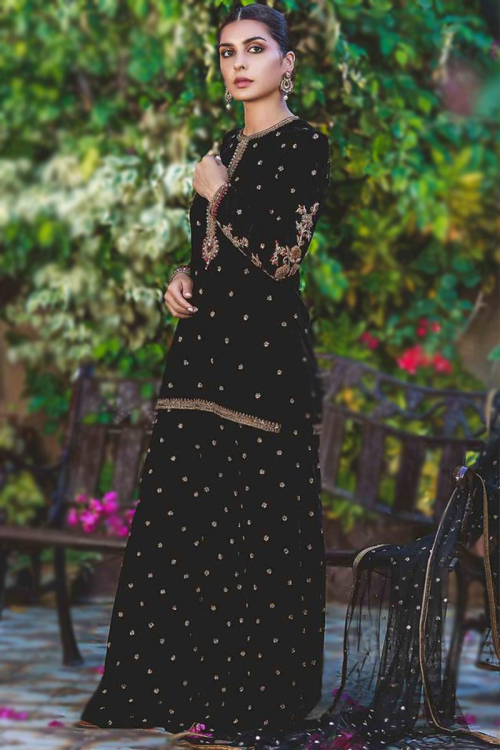 Black Velvet Straight Cut Pakistani Designer Sharara Salwar Suit