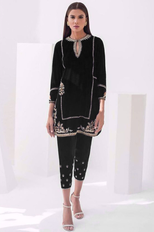 Black Velvet Straight Cut Party Wear Trouser Suit