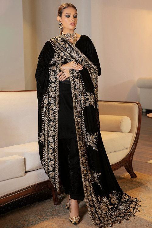 Black Velvet Straight Trouser Suit with Zari Embroidered Dupatta