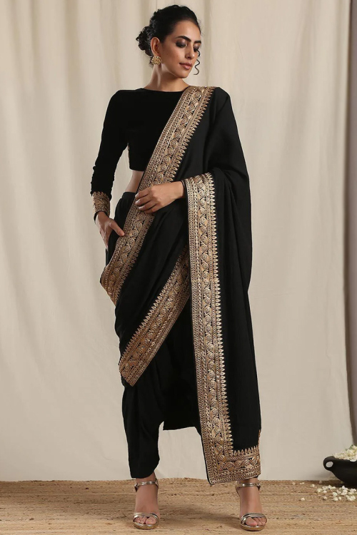 Black Velvet Zari Embroidered Dhoti Pant Style Saree for Wedding & Party