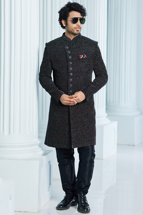 Black Velvet Zari Embroidered Men's Sherwani For Sangeet 