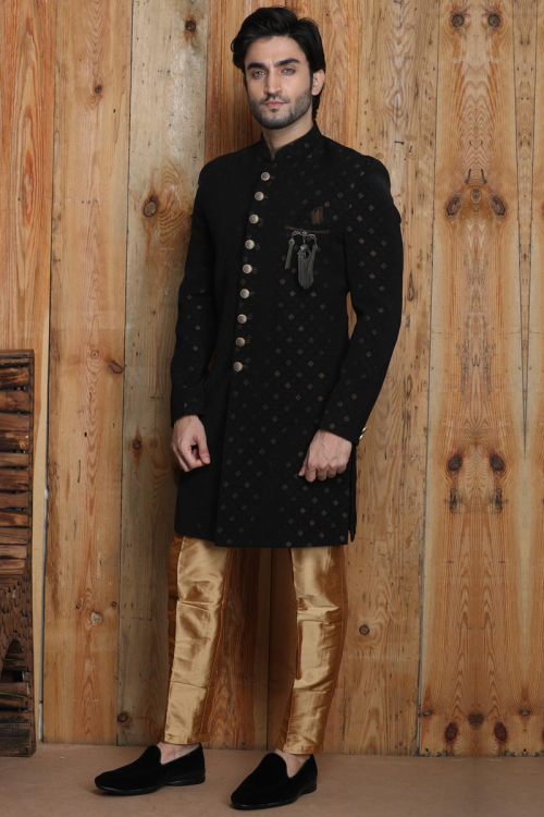 Black Viscose Indian Sherwani For Men