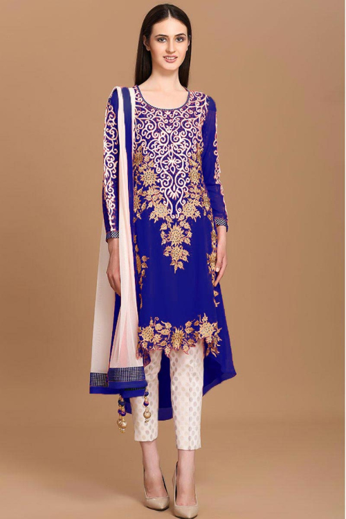 Georgette Royal Blue Trail Cut Cigarette Pant Suit