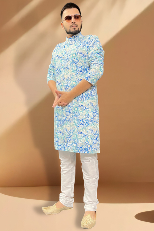 Blue Cotton Embroidered Straight Cut Men's Kurta Churidar