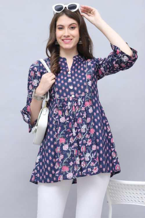 Blue Cotton Kurti with Printed Work for New Year Festive Wear