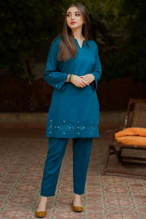 Blue Cotton Silk Straight Cut Pakistani Trouser Style Suit