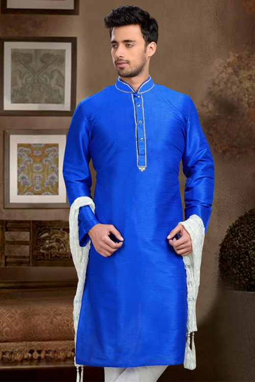 Blue Embroidered Dupion Silk Straight Cut Men&#039;s Kurta