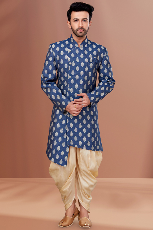 Blue Jacquard Men's Sherwani With Dhoti Pants