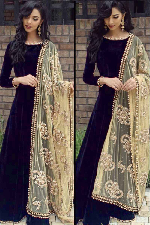 Navy Blue Velvet Embroidered Wedding Anarkali Suit