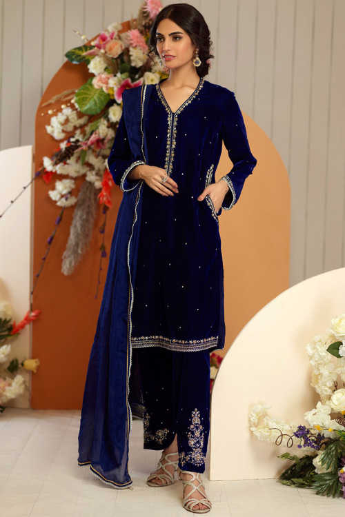 Blue Party Wear Zari Embroidered Pakistani Trouser Salwar Kameez in Velvet