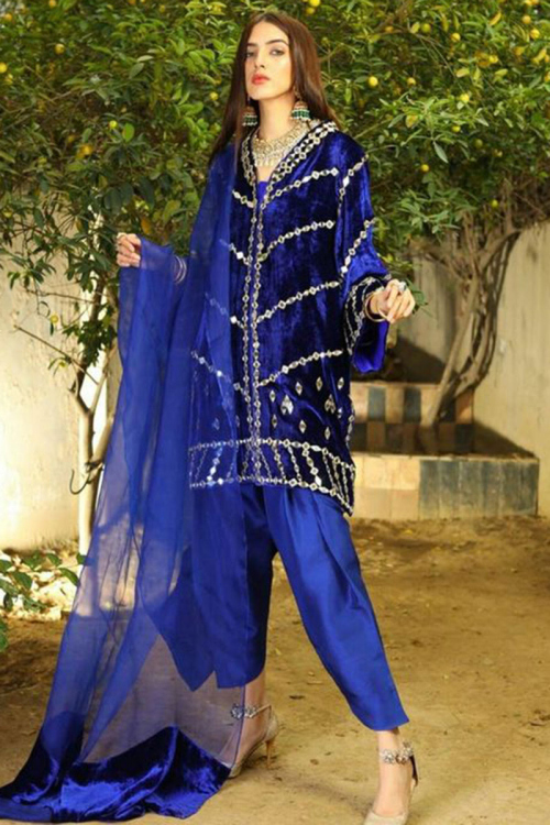 Blue Velvet Fancy Wedding Pakistani Patiala Style Suit