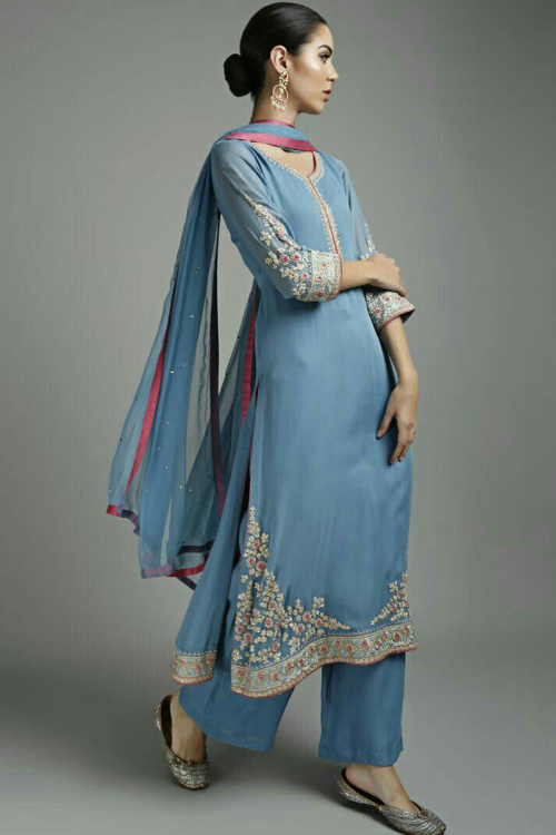 Dusty Blue Crepe Straight Salwar Indian Style Suit