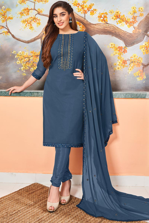 Bluish Grey Georgette Embroidered Churidar Suit