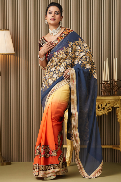 Bluish Grey Georgette Saree With Printed Work For Diwali