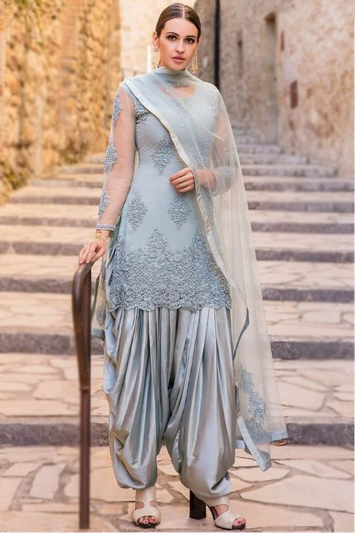 Bluish Grey Net Embroidered Party Wear Patiala Suit