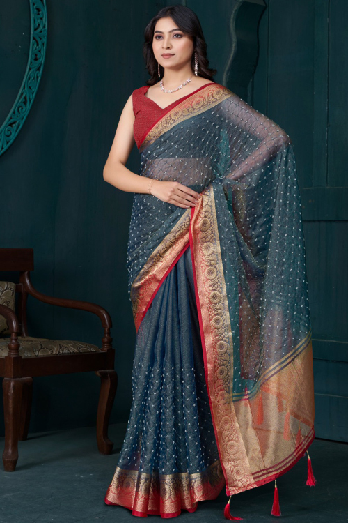 Bluish Grey Organza Saree with Zari Work for Diwali
